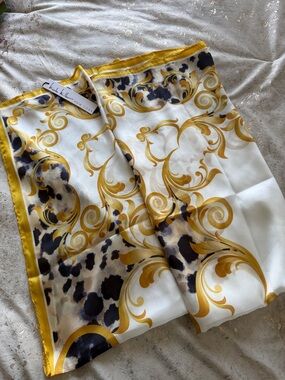 Nicole Miller White, Gold & Black Ornate Silk Scarf